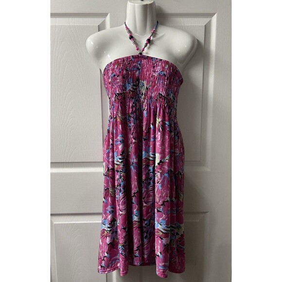 Jennifer Lawrence Plus Womens 3X Pink Smocked Beaded Halter Dress Beach Coverup - Picture 6 of 6